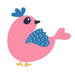 Cute pink bird in cartoon style. Vector isolated element.