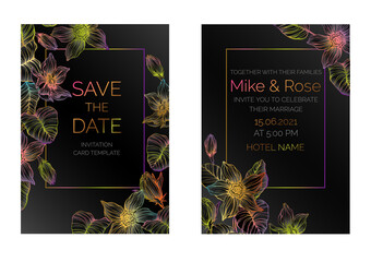 Floral colorful wedding invitation design or greeting card templates with neon flowers on black background.