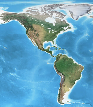 Physical map of America, North, Central and South, with high resolution details. Flattened satellite view of Planet Earth and its topography. 3D illustration - Elements of this image furnished by NASA