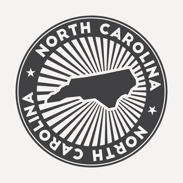 North Carolina round logo. Vintage travel badge with the circular name and map of US state, vector illustration. Can be used as insignia, logotype, label, sticker or badge of the North Carolina.