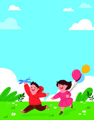 Children's Day celebration concept vector background illustration. Cute children playing with toys and balloons in the park.