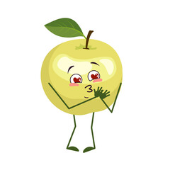 Cute apple character falls in love with eyes hearts, arms and legs. The funny or smile hero, green fruit