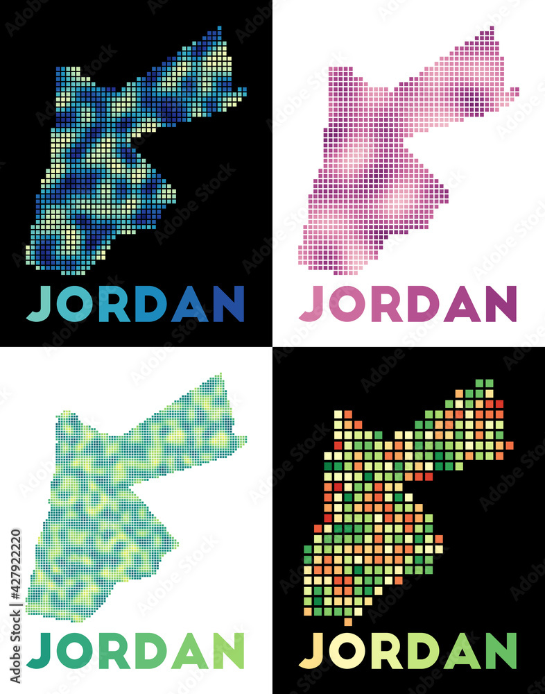 Poster jordan map. collection of maps of jordan in dotted style. borders of the country filled with rectang
