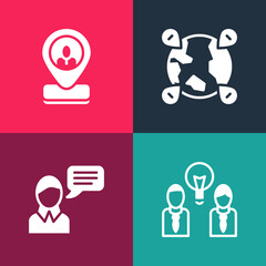 Set pop art People with lamp bulb, Speech bubble chat, Location on the globe and Worker location icon. Vector