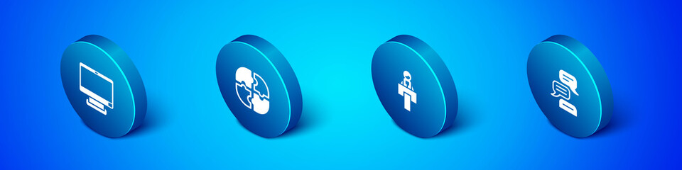 Set Isometric Computer monitor, Stage stand tribune, Speech bubble chat and Piece of puzzle icon. Vector