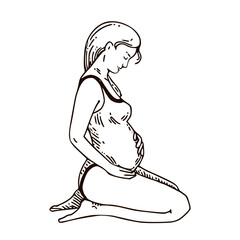 Sitting pregnant woman. Engraving style. Sketch. Vector illustration.