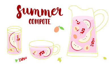 Compote with fruits and berries. Glass, cup and jug with compote. Apple, pear slices, apricot, red currant, gooseberry. Summer compote hand-drawn inscription. Vector isolated illustration.