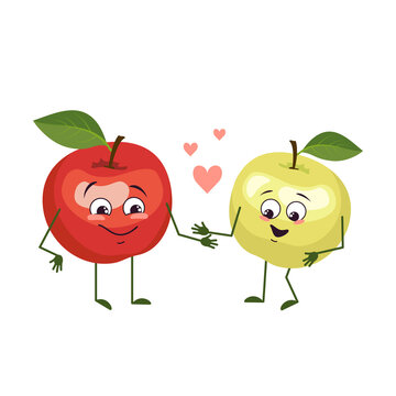 Cute apples characters with love emotions, face, arms and legs. The funny or happy heroes, green and red fruits fall in love. Vector flat illustration