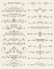 Flourish calligraphic design elements set. Page decoration symbols to embellish your layout. Outline border elements