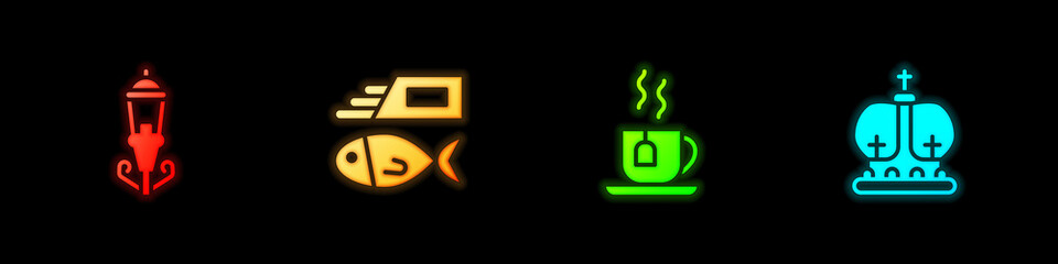 Set Vintage street light, Fish and chips, Cup of tea with tea bag and British crown icon. Vector