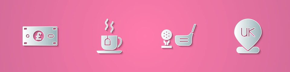 Set paper cut Pound sterling money, Cup of tea with tea bag, Golf club ball tee and Location England icon. Paper art style. Vector
