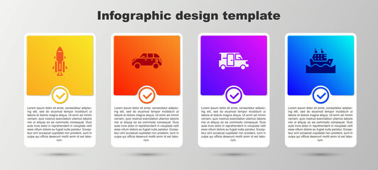 Set Rocket ship with fire, Hatchback car, Minibus and Cruise. Business infographic template. Vector