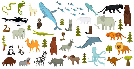 Collection of cute vector animals. Hand drawn animals which are common in America, Europe, Asia, Africa. Icon set isolated on a white background