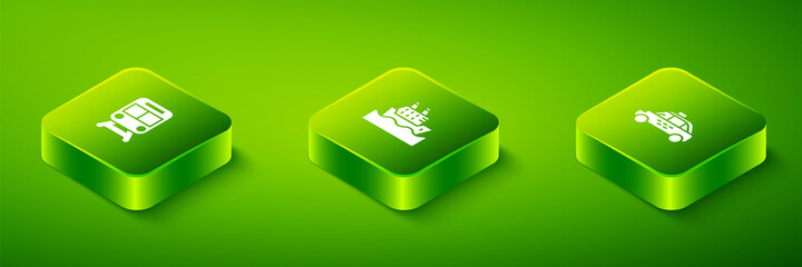 Set Isometric Cruise ship, Taxi car and Train and railway icon. Vector