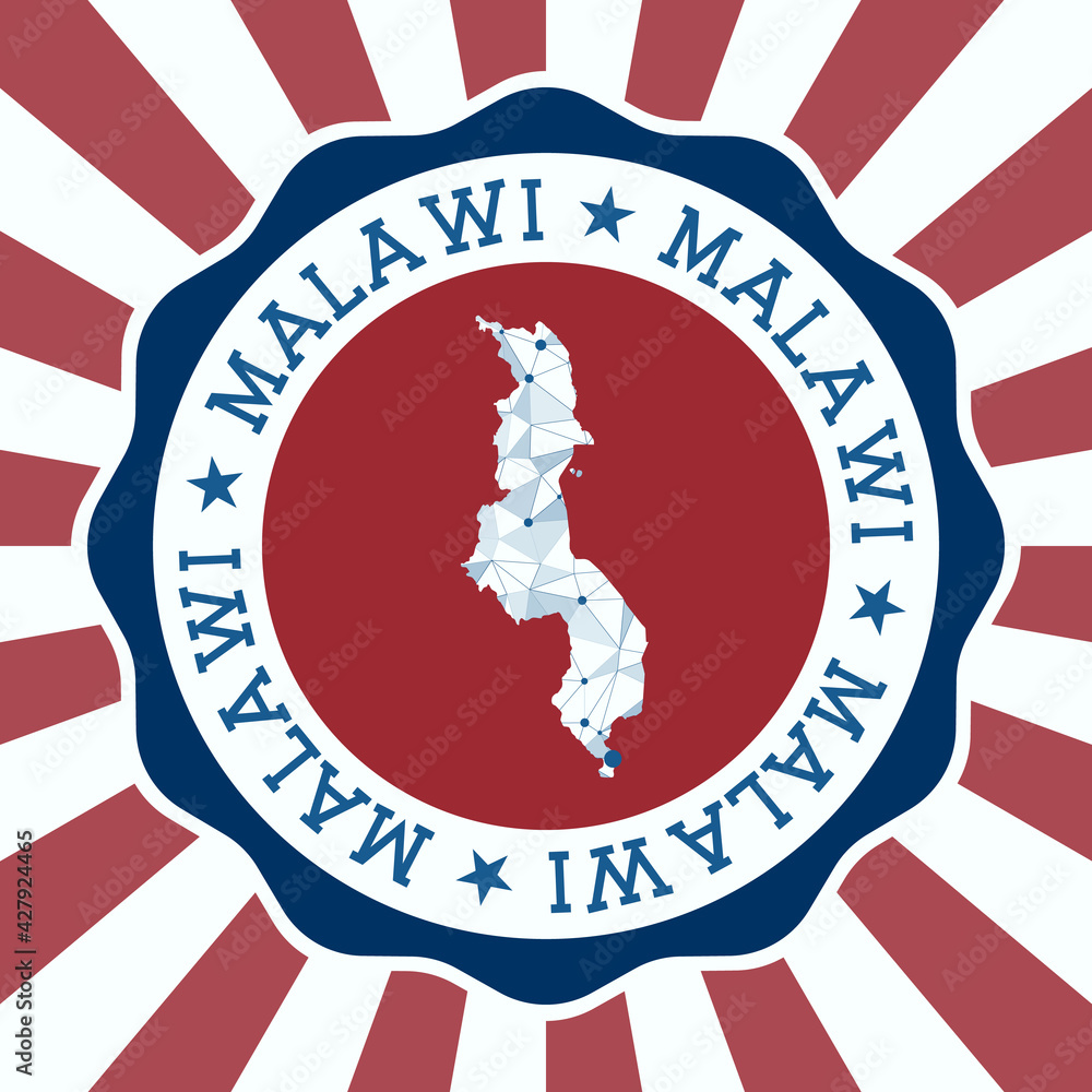 Poster malawi badge. round logo of country with triangular mesh map and radial rays. eps10 vector.