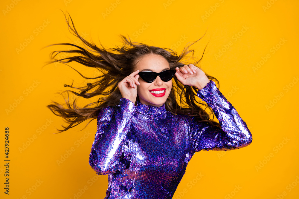 Sticker Photo portrait of fancy glamorous woman wearing sunglass glossy violet dress smiling isolated vibrant yellow color background