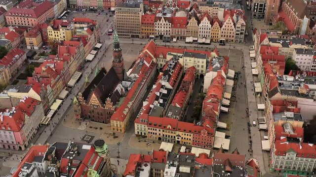 Wroclaw, Poland. Aerial view of famous Market Square (Rynek we Wrocławiu) in historic center of Wrocław, capital city of Lower Silesian Voivodeship - landscape panorama of Europe from above.