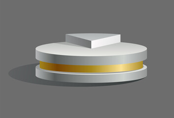 Podium realistic. Showroom pedestal, floor stage platform vector isolated mockup. White and gold 3D realistic round empty podium with steps. Concept of showcase for product