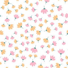 Vector floral pattern in doodle style with flowers and leaves. Gentle, spring floral background.