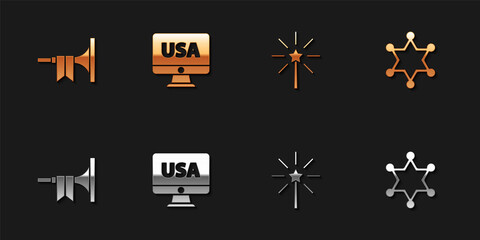 Set Trumpet, USA on monitor, Firework and Hexagram sheriff icon. Vector