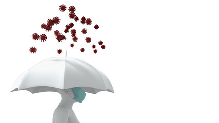 3D Render of Person with Umbrella and Mask protecting against Corona Virus 