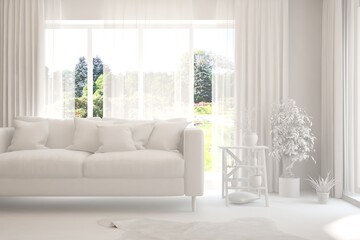 Mock up of stylish room in white color with sofa and green landscape in window. Scandinavian interior design. 3D illustration