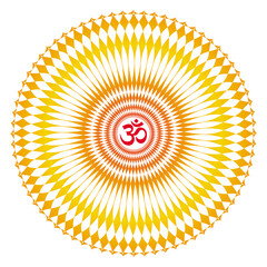 Openwork mandala in yellow  and orange colors. Aum / Om / Ohm sign in the center. Оbject of rotation. Spiritual and sacred symbol, background. Vector graphics.