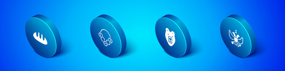 Set Isometric Bread loaf, Bear head, National emblem of Russia and Russian bagels icon. Vector