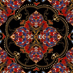 Seamless patchwork tile with Victorian motives. Majolica pottery tile, blue and white azulejo, original traditional Portuguese and Spain decor. Vector illustration.
