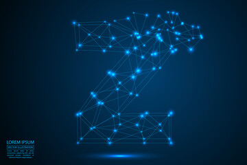 The destruction of the abstract font of  letters consists 3d of triangles, lines, dots and connections. On a dark blue background cosmic universe stars, meteorites, galaxies. Vector eps 10.