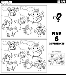 differences game with farm animals coloring book page