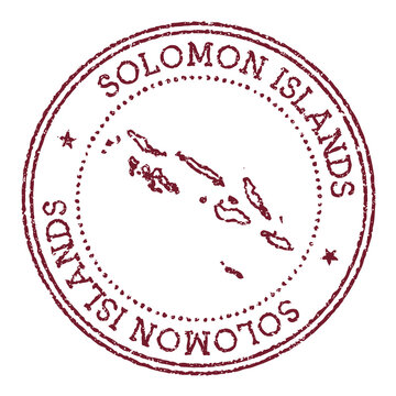 Solomon Islands round rubber stamp with country map. Vintage red passport stamp with circular text and stars, vector illustration.