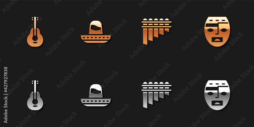 Sticker Set Mexican guitar, sombrero, Pan flute and Aztec mask icon. Vector