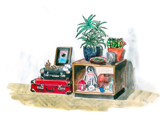 Cozy Watercolor still life with vintage suitcases, plants, and many cute little things.