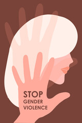 Stop domestic violence. A girl with blonde hair on the background of a hand with an inscription against violence. The concept is intended for a crisis care center or for the protection of women's
