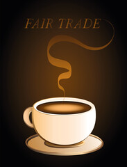 Fairtrade coffee with aroma and FAIR TRADE text. Vector illustration on brown background.
