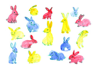 Set of blue, red, pink, and yellow watercolor rabbits