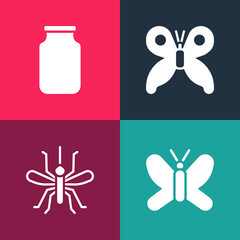 Set pop art Butterfly, Mosquito, and Glass jar icon. Vector