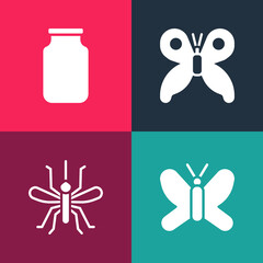 Set pop art Butterfly, Mosquito, and Glass jar icon. Vector