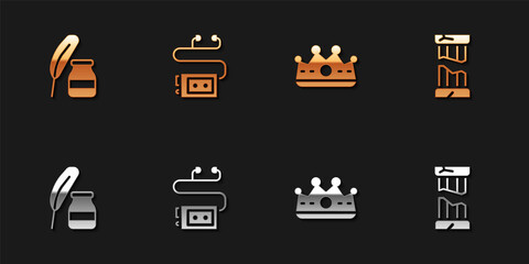 Set Feather and inkwell, Museum audio guide, King crown and Broken ancient column icon. Vector