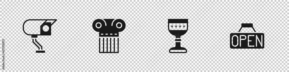 Poster set security camera, ancient column, medieval goblet and hanging sign with open icon. vector