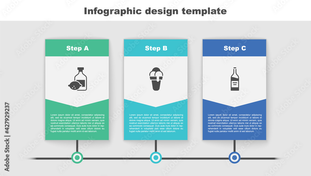 Sticker Set Limoncello bottle, Ice cream and Bottle of wine. Business infographic template. Vector