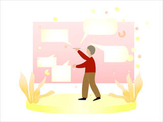 Business man writes communicates online with partners. File management concept, online broadcasting, online communication. Multicolored vector illustration for web banner, advertising.