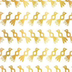 Metallic gold foil birds seamless vector pattern. Elegant golden shiny repeating animal background on white. Birds sitting on rope. Surface pattern design for wallpaper, nursery, home decor, birthday.