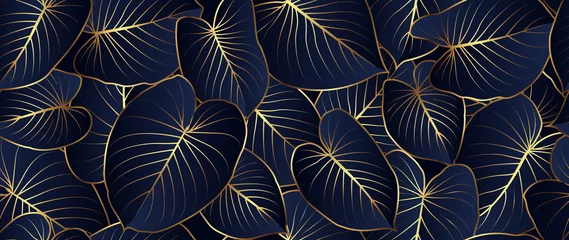 Fototapete Blau Gold Luxuriöse Goldlinie Kunst homalomena rubescens Blatt natürlicher Hintergrund