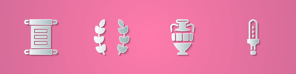 Set paper cut Decree, parchment, scroll, Laurel wreath, Ancient amphorae and Medieval sword icon. Paper art style. Vector