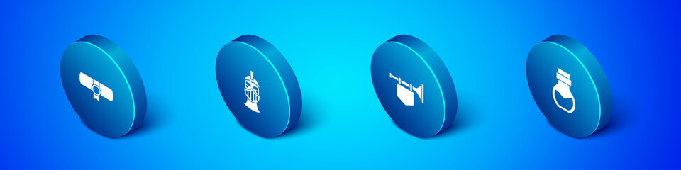 Set Isometric Decree, parchment, scroll, Trumpet with flag, Poison in bottle and Medieval iron helmet icon. Vector