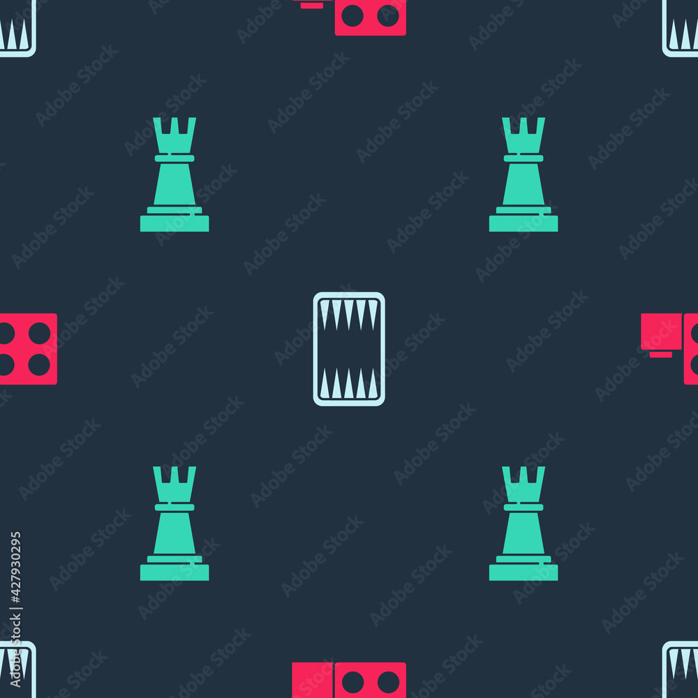 Poster set toy building block bricks, backgammon board and chess on seamless pattern. vector