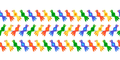 Birds seamless vector border. Colorful repeating animal pattern for kids horizontal. Blue red yellow green birds sitting on a rope. Fun surface pattern design for fabric trim, nursery decor, banner.