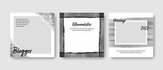 Watercolor social media layouts for bloggers and influencers, instagram and facebook templates with minimalistic design